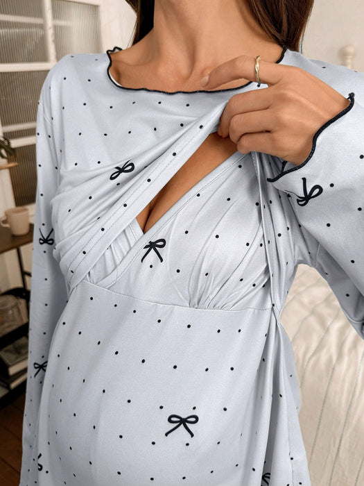 Shein Moonlight&Mama Conjunto de pijamas de maternidad  top de manga larga y cuello redondo y pantalon con estampado de lunares y lazo