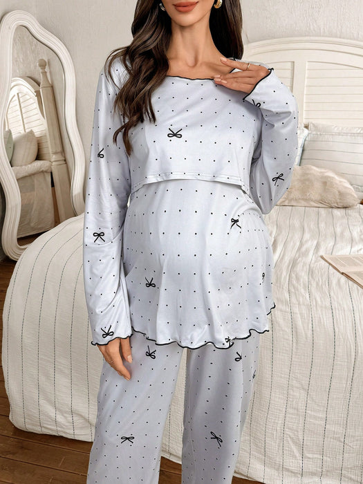Shein Moonlight&Mama Conjunto de pijamas de maternidad  top de manga larga y cuello redondo y pantalon con estampado de lunares y lazo