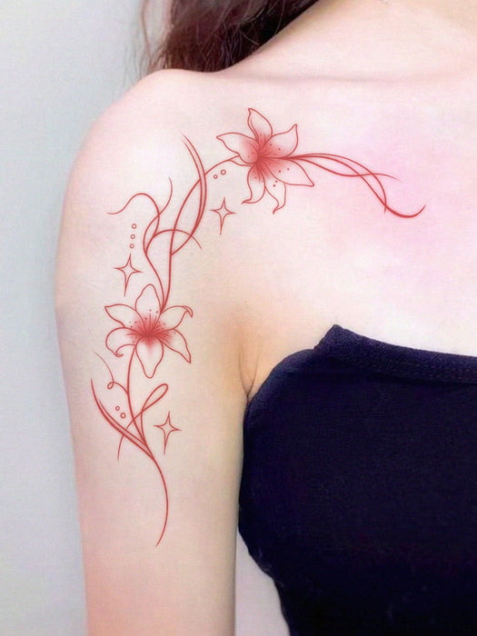 Shein 1 pegatina de tatuaje temporal, diseño floral de lirios y enredaderas en rojo