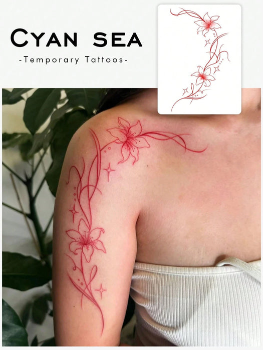 Shein 1 pegatina de tatuaje temporal, diseño floral de lirios y enredaderas en rojo