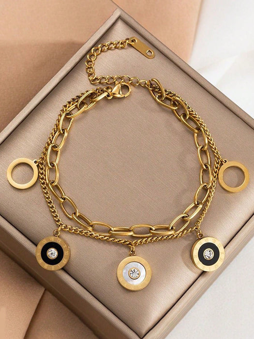 1 pieza Pulsera de acero inoxidable con capas de color dorado en forma de concha, con incrustaciones de lujo de rhinestone