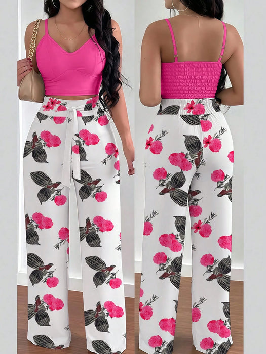 SHEIN INAWLY Conjunto de 2 piezas top tipo camisola con cintura elástica y pantalones palazzo con estampado floral