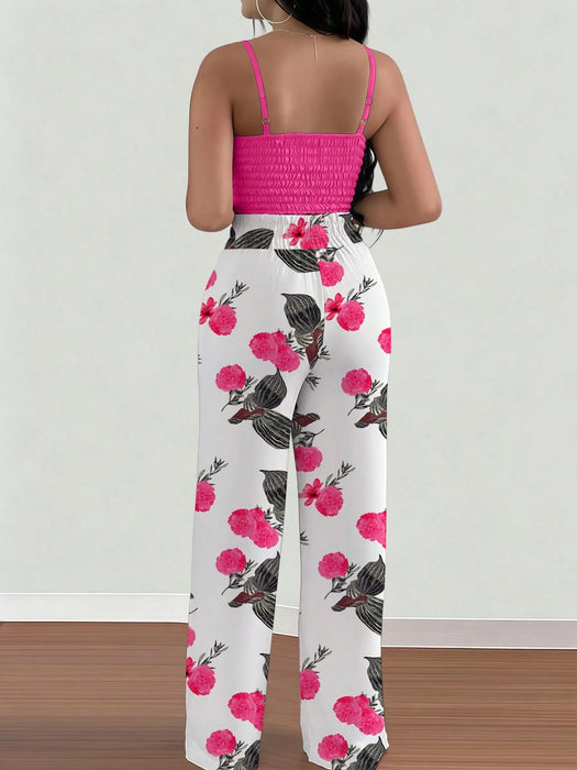 SHEIN INAWLY Conjunto de 2 piezas top tipo camisola con cintura elástica y pantalones palazzo con estampado floral