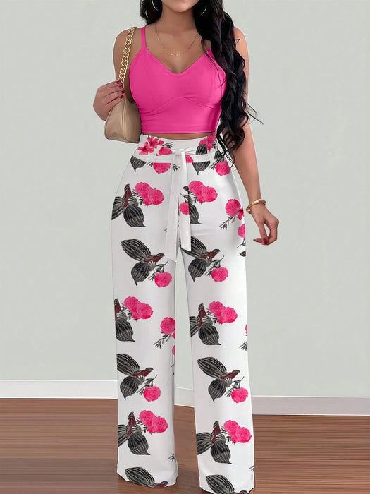 SHEIN INAWLY Conjunto de 2 piezas top tipo camisola con cintura elástica y pantalones palazzo con estampado floral