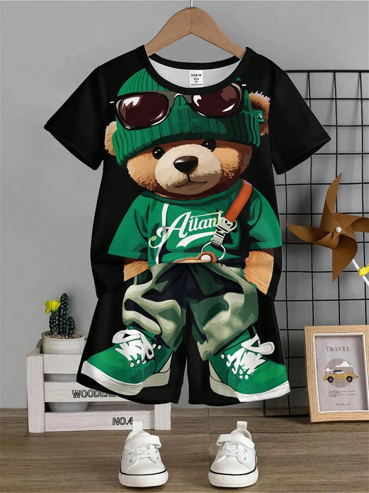 Set de 2 piezas de camiseta de manga corta con gráfico de oso de dibujos animados y pantalones cortos