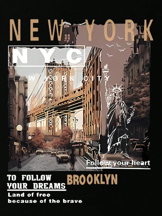 SHEIN Camiseta de cuello redondo con estampado gráfico de la ciudad de Nueva York para adolescentes