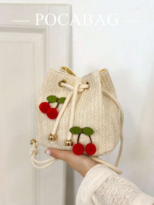 Shein Bolso de hombro/bandolera de moda con diseño de cereza, bolso de cubo con cordón