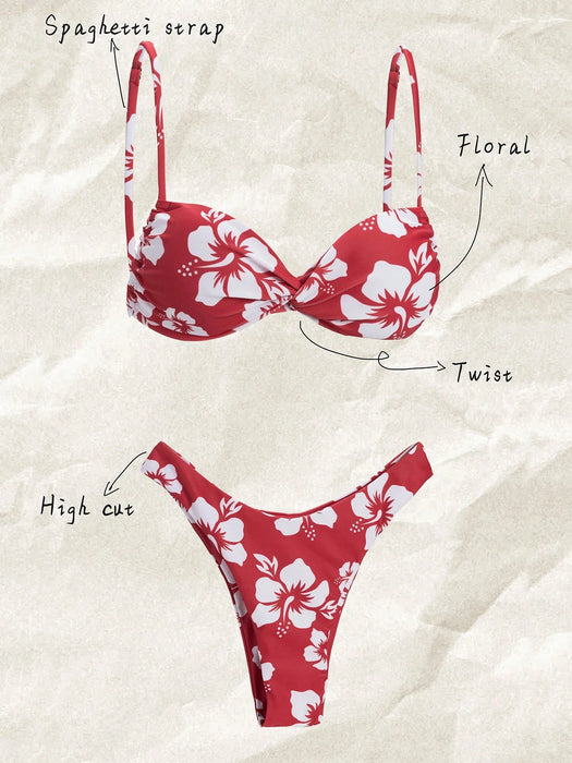 SHEIN Elavelle conjunto de bikini sexy de corte alto con estampado floral y tirantes finos con nudo retorcido para mujer