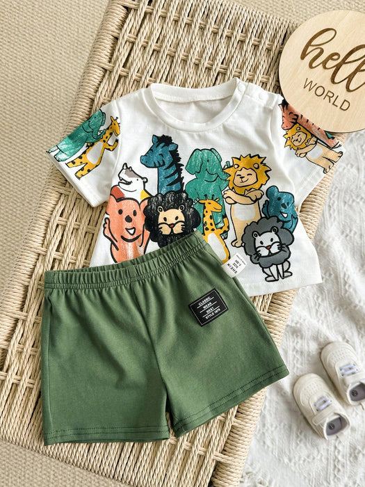 SHEIN Conjunto de camiseta de manga corta y pantalones cortos con estampado de animales