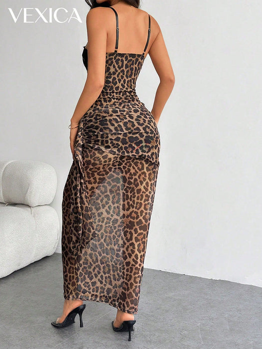 Shein Vexica Vestido de punto sin mangas con estampado de leopardo y detalles de encaje y malla en contraste para mujer