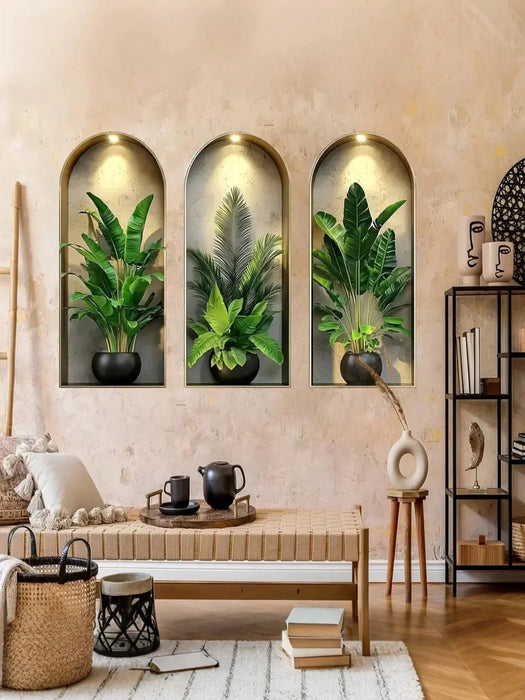 3 piezas Adhesivos de ventana en forma de arco nórdico con plantas