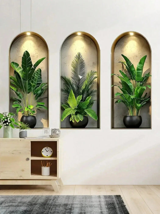 3 piezas Adhesivos de ventana en forma de arco nórdico con plantas