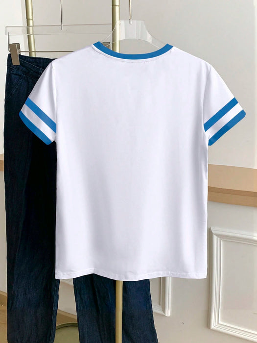 Shein Resyla Camiseta casual versátil de manga corta con cuello redondo y bloques de color para mujer