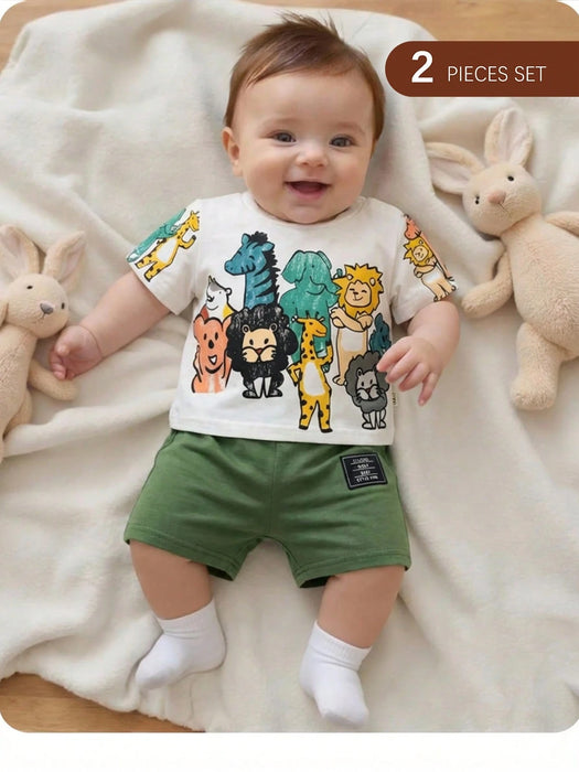 SHEIN Conjunto de camiseta de manga corta y pantalones cortos con estampado de animales