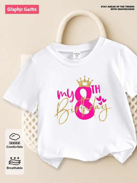 SHEIN Tween Girl Mi 8º Cumpleaños Camiseta Blanca de Manga Corta con Cuello Redondo y Estampado de Corona