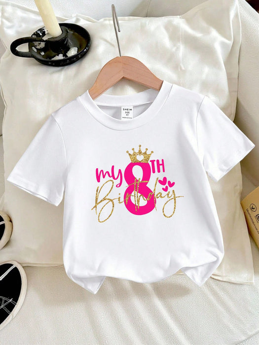 SHEIN Tween Girl Mi 8º Cumpleaños Camiseta Blanca de Manga Corta con Cuello Redondo y Estampado de Corona