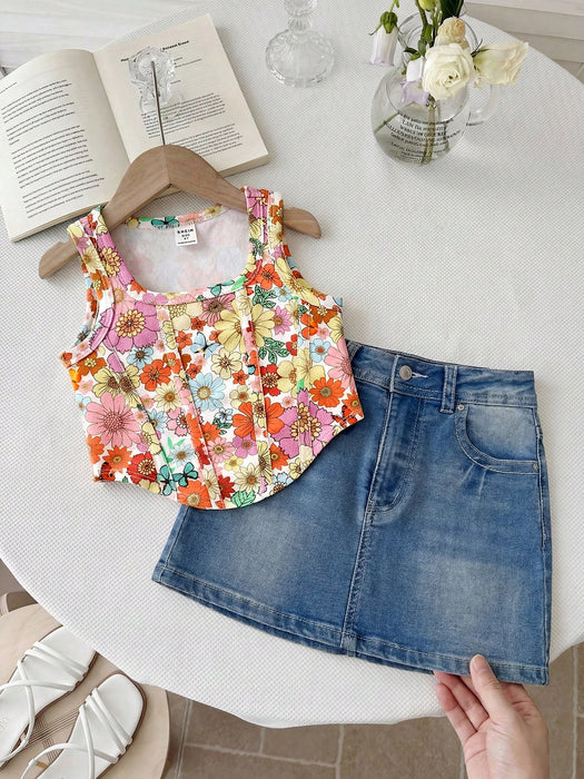 SHEIN Little Byeori Blusa informal holgada, de punto, con cuello redondo, estampado floral y dobladillo asimétrico
