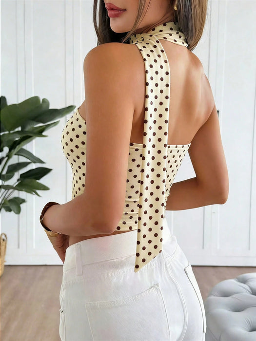 Shein Blusa corta de mujer casual elegante para vacaciones de verano con cuello halter ajustable y estampado de lunares