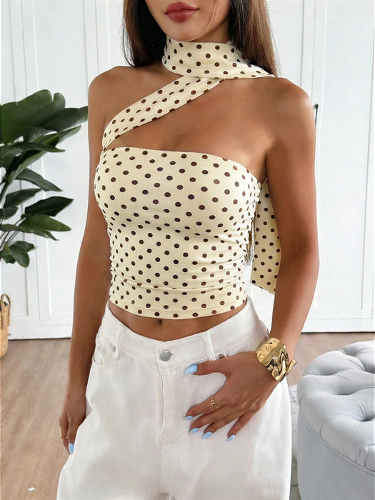 Shein Blusa corta de mujer casual elegante para vacaciones de verano con cuello halter ajustable y estampado de lunares
