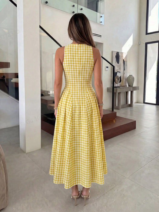SHEIN NOVVYNE Vestido midi de mujer con estampado de cuadros vichy blanco y amarillo