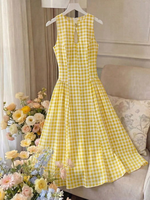 SHEIN NOVVYNE Vestido midi de mujer con estampado de cuadros vichy blanco y amarillo