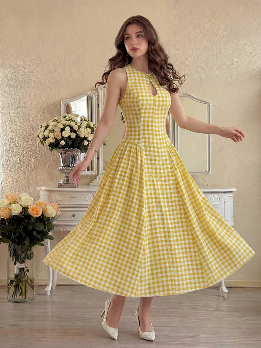 SHEIN NOVVYNE Vestido midi de mujer con estampado de cuadros vichy blanco y amarillo