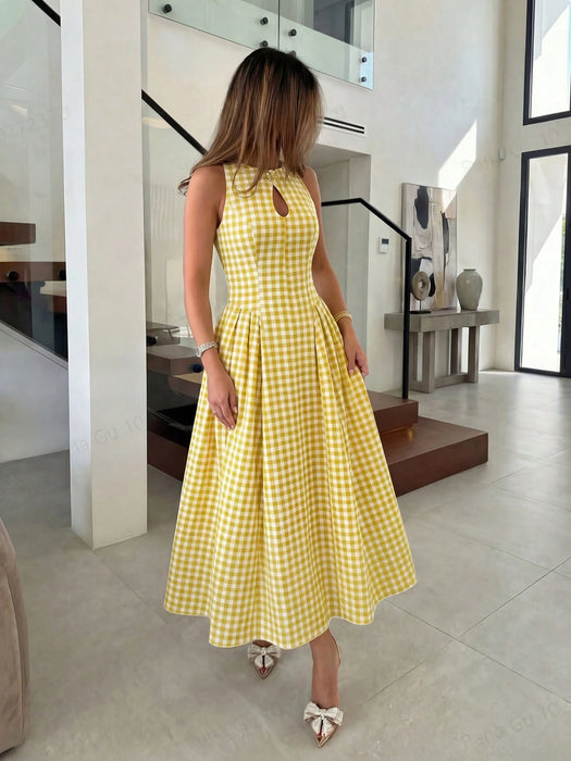 SHEIN NOVVYNE Vestido midi de mujer con estampado de cuadros vichy blanco y amarillo