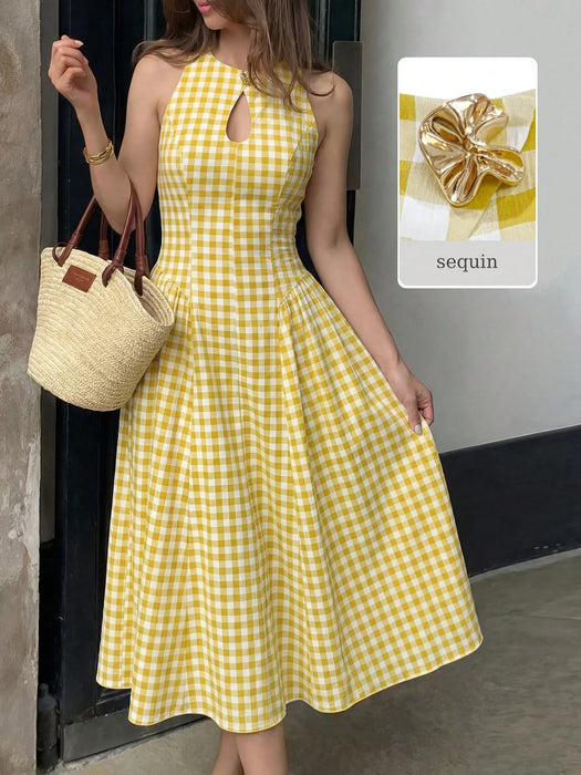 SHEIN NOVVYNE Vestido midi de mujer con estampado de cuadros vichy blanco y amarillo