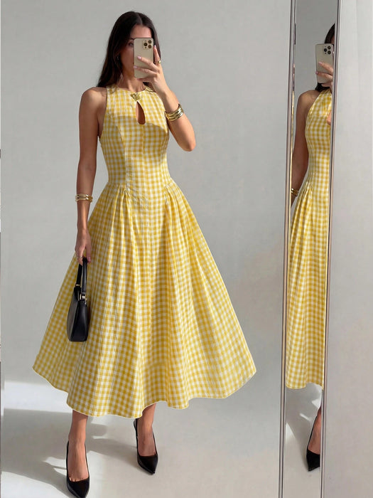 SHEIN NOVVYNE Vestido midi de mujer con estampado de cuadros vichy blanco y amarillo