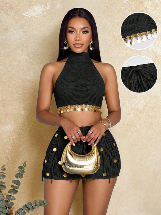 SHEIN SOLERSUN Conjunto de fiesta de verano para mujer en negro y dorado