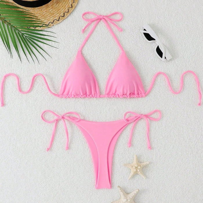 SHEIN Conjunto de bikini triángulo de unicolor para mujer con cordón