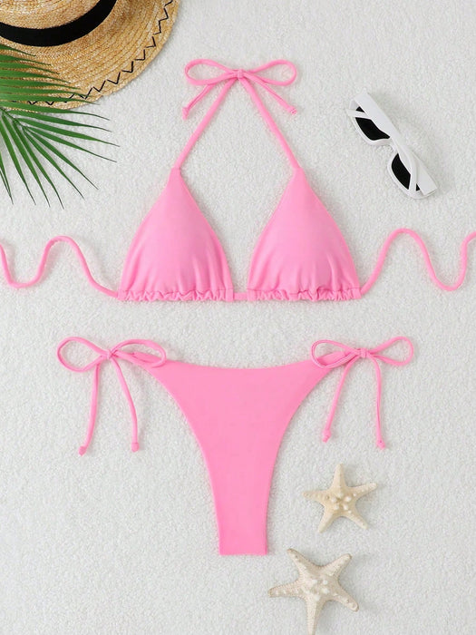 SHEIN Conjunto de bikini triángulo de unicolor para mujer con cordón