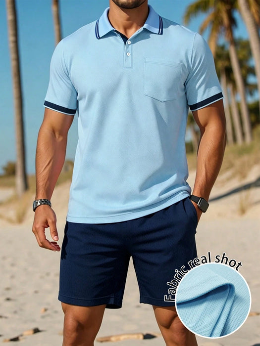 SHEIN Manfinity Dauomo Conjunto de polo para hombre, color liso con ribete en contraste y pantalones cortos