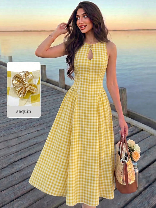 SHEIN NOVVYNE Vestido midi de mujer con estampado de cuadros vichy blanco y amarillo