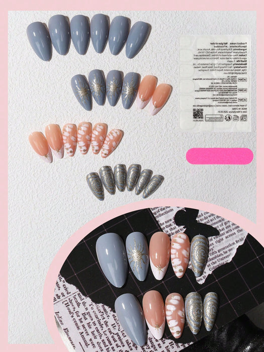 Shein 24 puntas de uñas acrílicas medianas con forma de almendra, punta francesa azul con purpurina dorada
