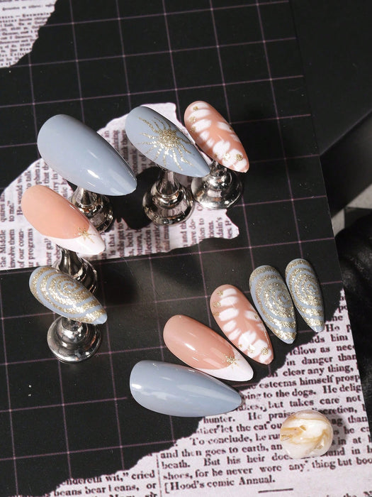 Shein 24 puntas de uñas acrílicas medianas con forma de almendra, punta francesa azul con purpurina dorada