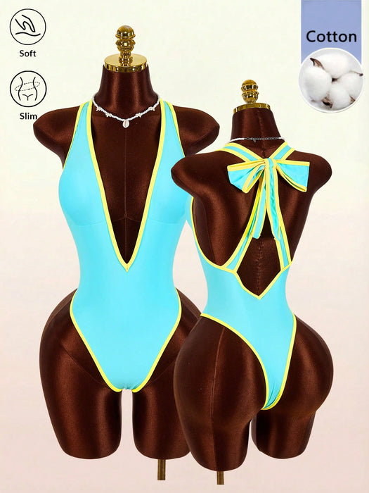 SHEIN Amplova Traje de baño de una pieza para mujer, azul claro, verano, estilo retro años 70