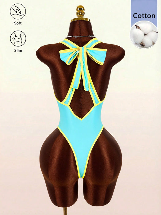 SHEIN Amplova Traje de baño de una pieza para mujer, azul claro, verano, estilo retro años 70