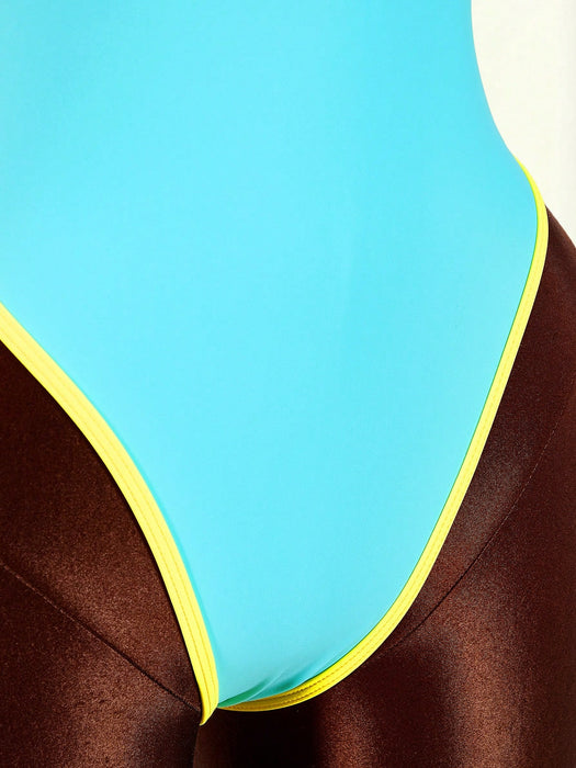 SHEIN Amplova Traje de baño de una pieza para mujer, azul claro, verano, estilo retro años 70