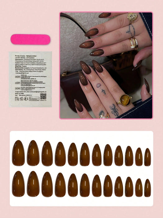 Shein 24 pegatinas para uñas medianas con forma de almendra, efecto degradado marrón