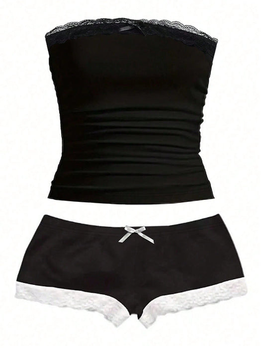 Shein QUELARIE Conjunto de dos piezas de camisola y shorts de encaje en contraste para mujer