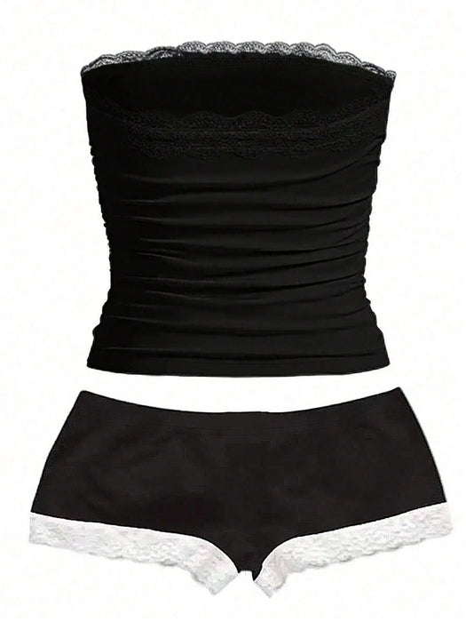 Shein QUELARIE Conjunto de dos piezas de camisola y shorts de encaje en contraste para mujer