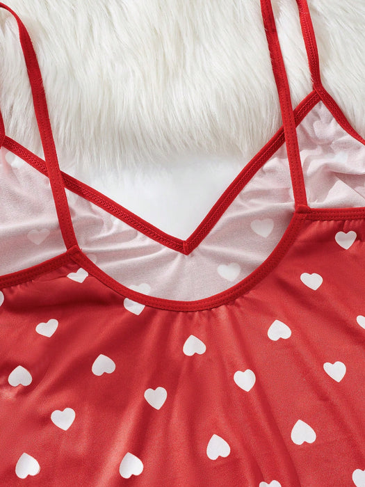 Shein Conjunto de pijama de corazones para mujer de 2 piezas, color rojo
