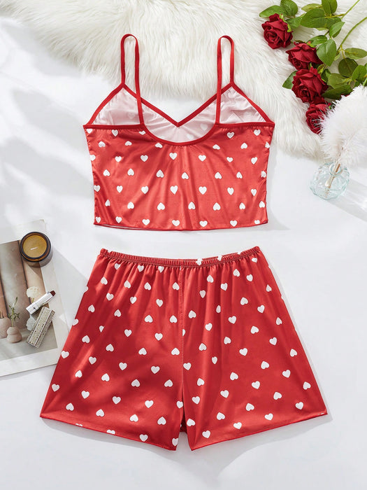 Shein Conjunto de pijama de corazones para mujer de 2 piezas, color rojo