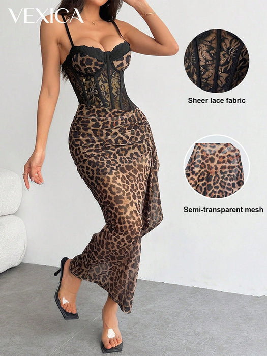 Shein Vexica Vestido de punto sin mangas con estampado de leopardo y detalles de encaje y malla en contraste para mujer