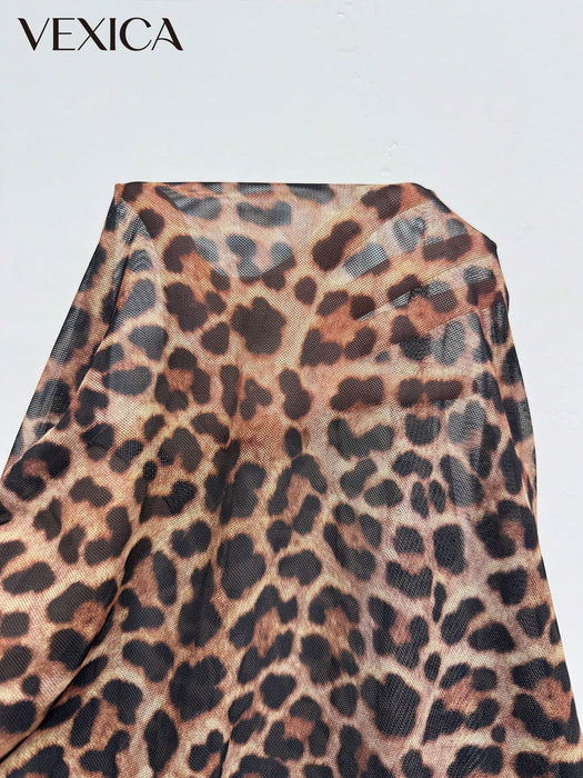 Shein Vexica Vestido de punto sin mangas con estampado de leopardo y detalles de encaje y malla en contraste para mujer