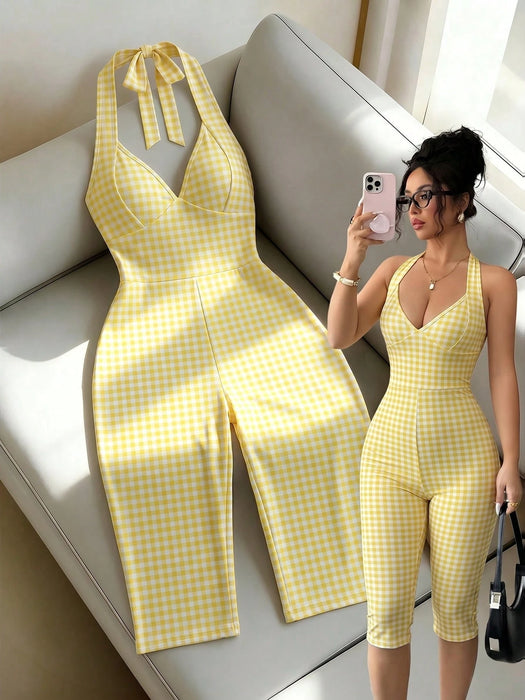 Shein Mono de mujer Elenzga con estampado de lunares, cuello halter y lazo, corte ajustado