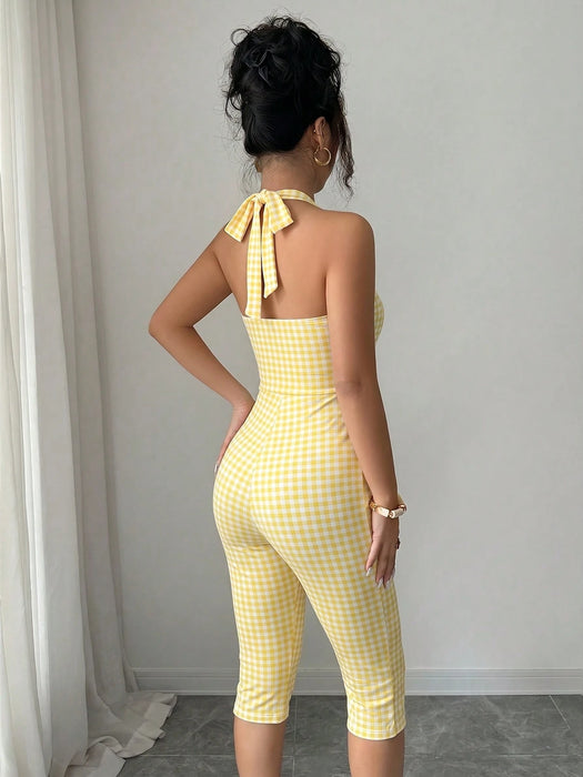 Shein Mono de mujer Elenzga con estampado de lunares, cuello halter y lazo, corte ajustado
