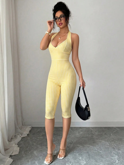 Shein Mono de mujer Elenzga con estampado de lunares, cuello halter y lazo, corte ajustado
