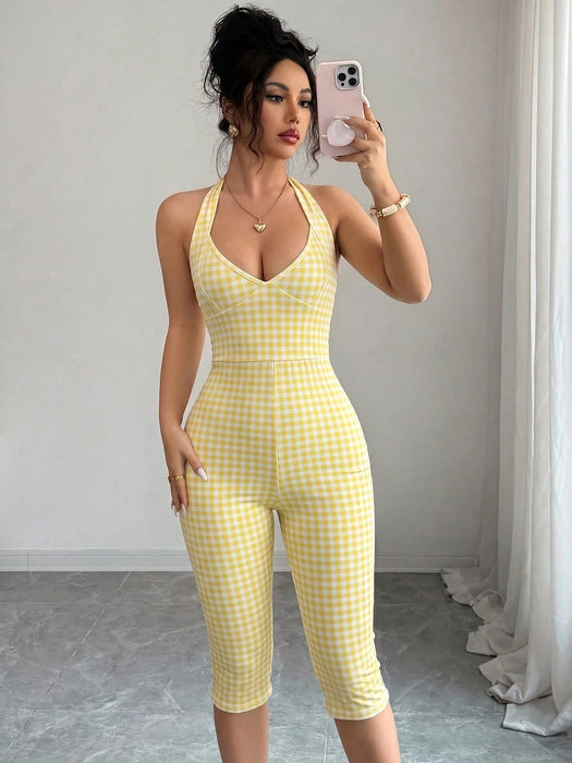 Shein Mono de mujer Elenzga con estampado de lunares, cuello halter y lazo, corte ajustado